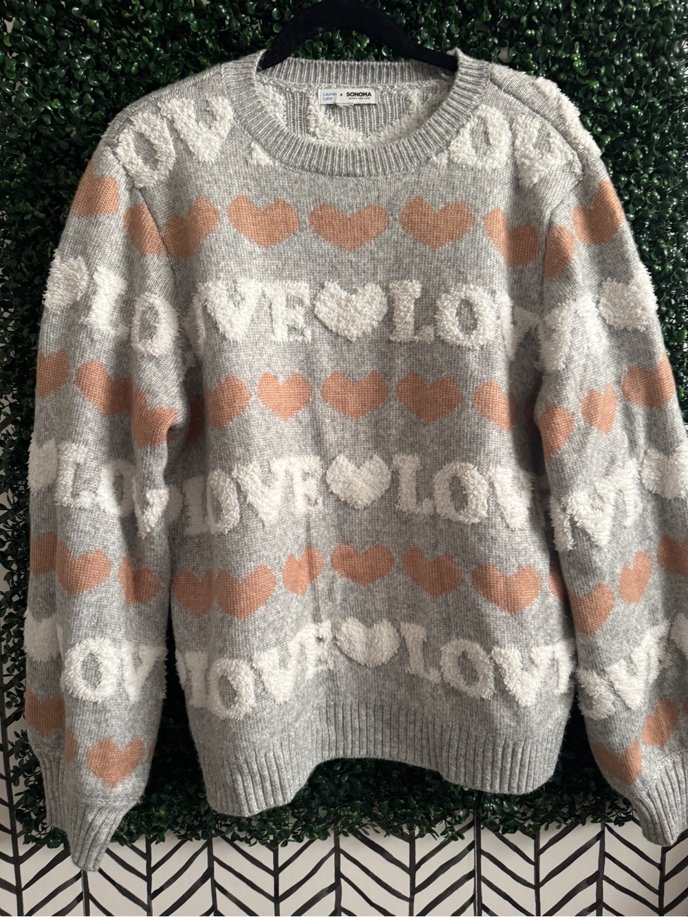 Sonoma Gray Sweater with Peach Heart & LOVE Pattern